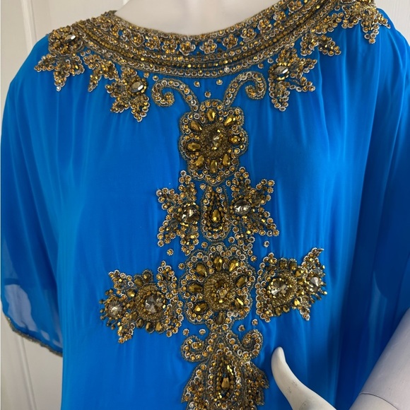 Vintage Unlabeled Beaded Chiffon Deep Turquoise Blue Caftan Dress One Size #203 - Picture 4 of 14